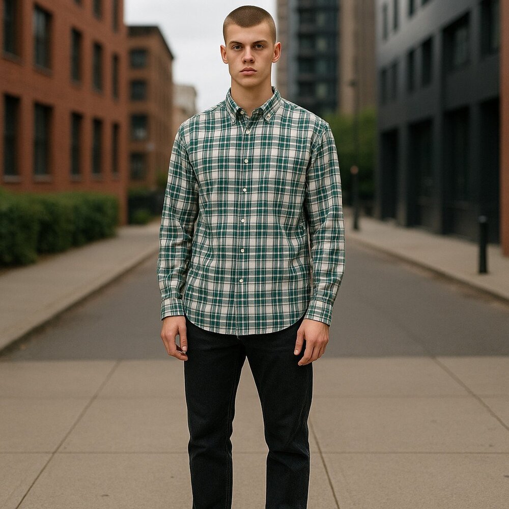 Blue Multi Plaid Button Down Long Sleeve Slim Flex Oxford Shirt.